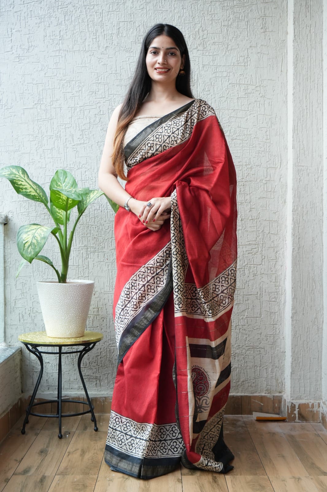 New Designer Hand Block Print Maheshwari Silk Saree (BFMSARE30)