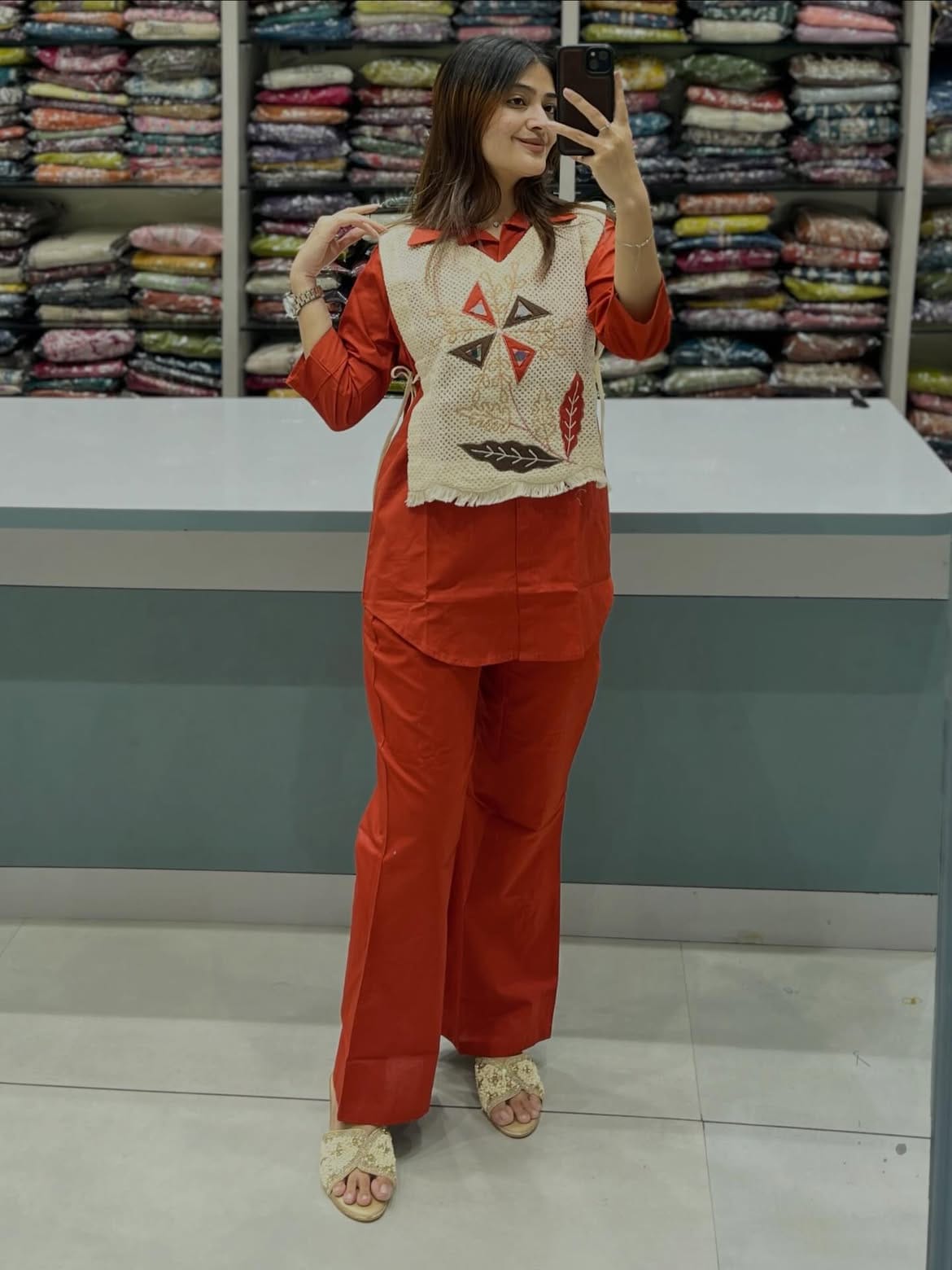 Rust Orange Co-ord Set for Women | Cotton Shirt & Pants with Embroidered Shifli Jacket