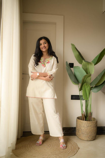 Off White Embroidered Kurta Pant Set for Women – Elegant Ethnic Cotton Co-ord Set