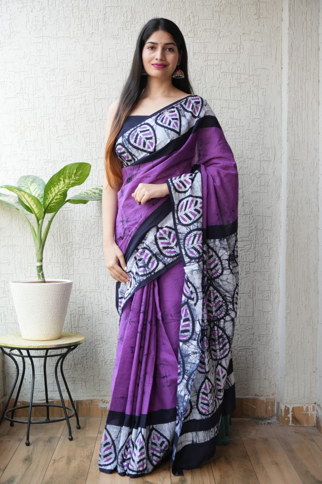 Purple Black Designer Hand Block Printed Cotton Saree with Blouse  (BFCS86)