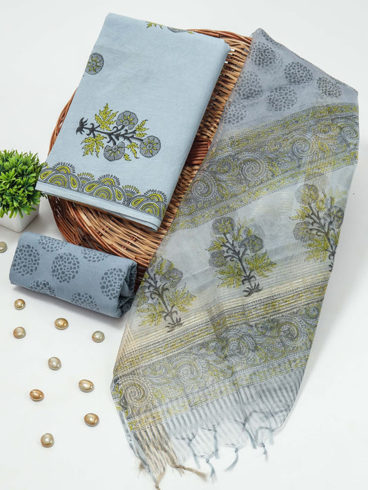 New Floral Hand Block Printed Cotton Suit With Organza Dupatta(BFOR65)