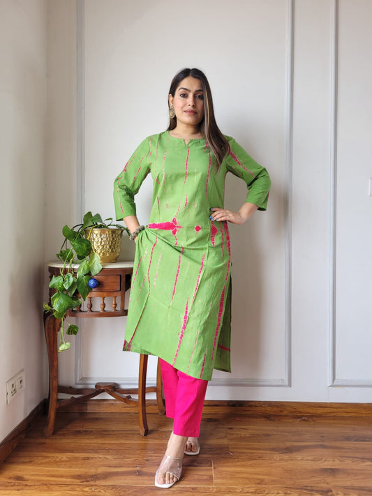 Green Pink Printed Cotton Kurti Pant Set for Women