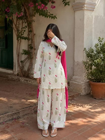 Farshi Style Printed Cotton Kurta Salwar Set with Dupatta – White & Pink