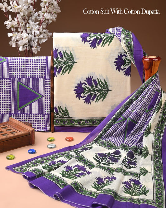 Exclusive Hand Block Cotton Suit With Cotton Dupatta(BFCOT132)
