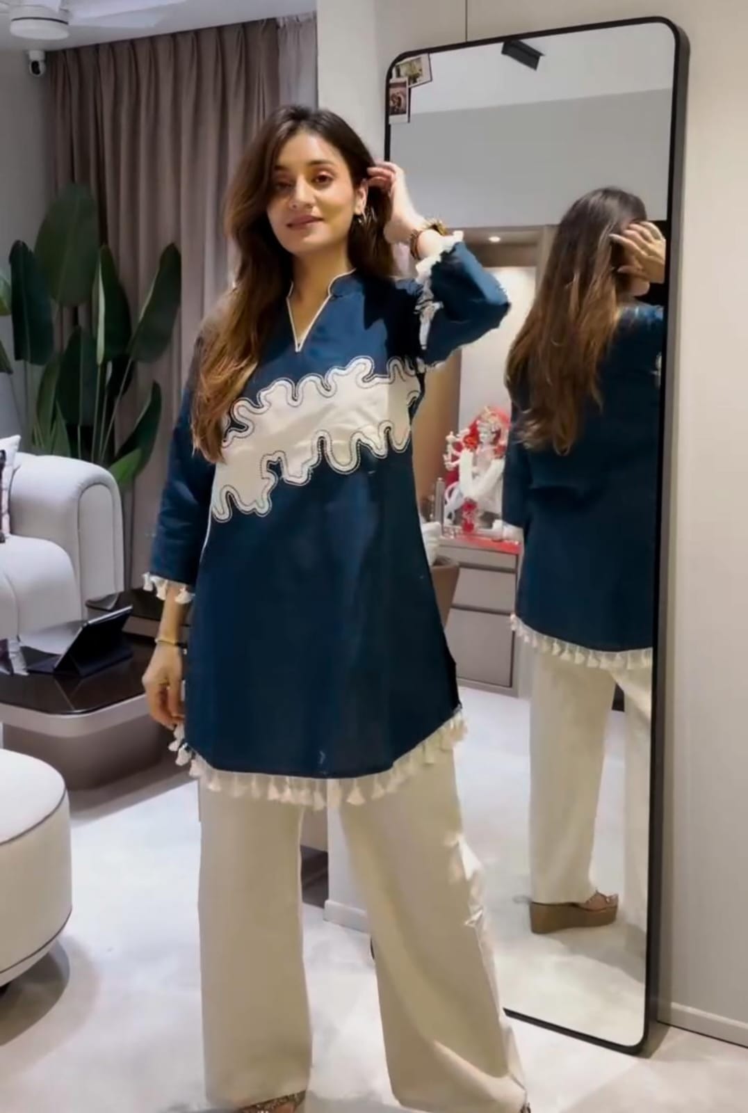 Navy Blue Cotton Shirt with Embroidered Jute Jacket & Pant Set