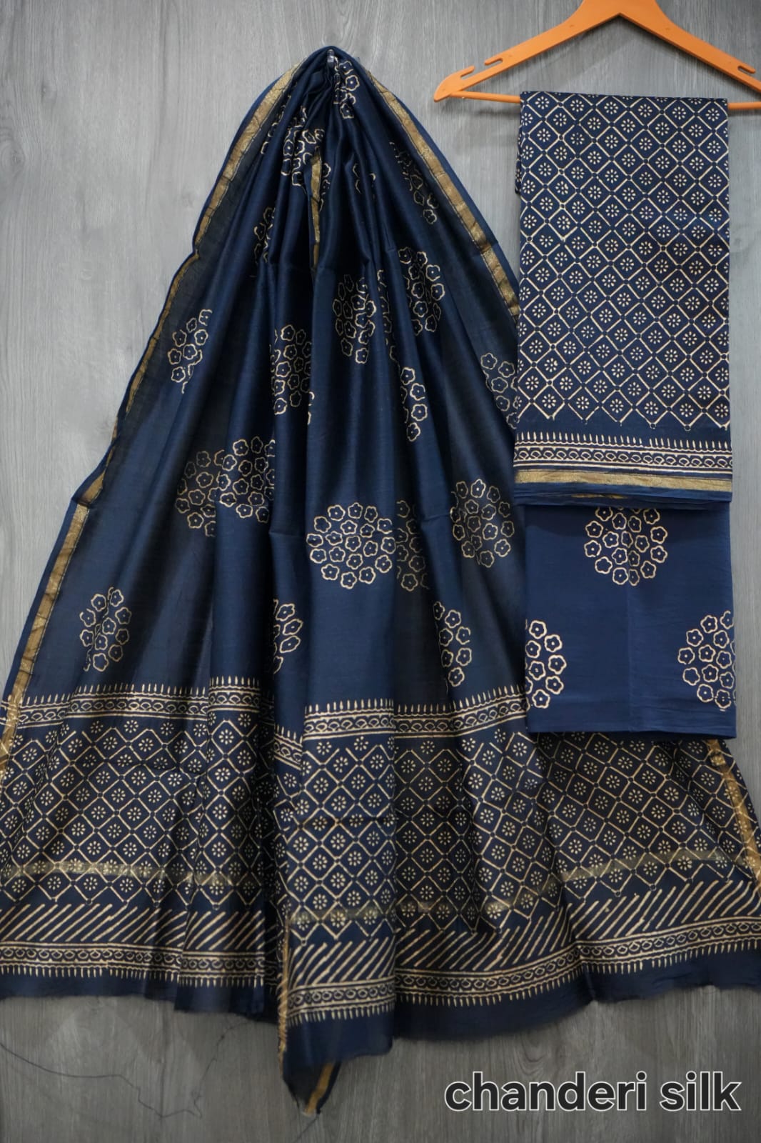 Navy Blue & Gold Hand Block Print Chanderi Silk Dress Material  (BFCHS11)