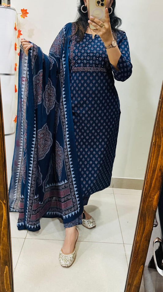 Navy Blue Printed Cotton Suit Set with Dupatta for Women
