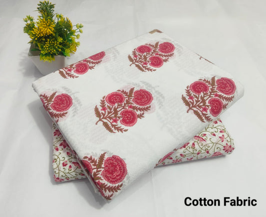 White Pink Floral Printed Cotton Fabric | Soft Daily Wear Dress Material(BFTB111)