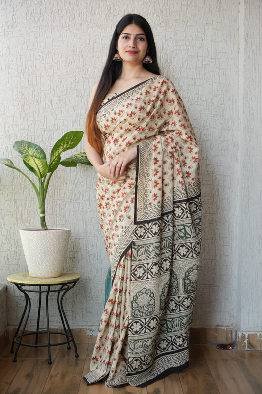 Beige Printed Cotton Saree – Soft Cotton Saree for Women  (BFCS52)