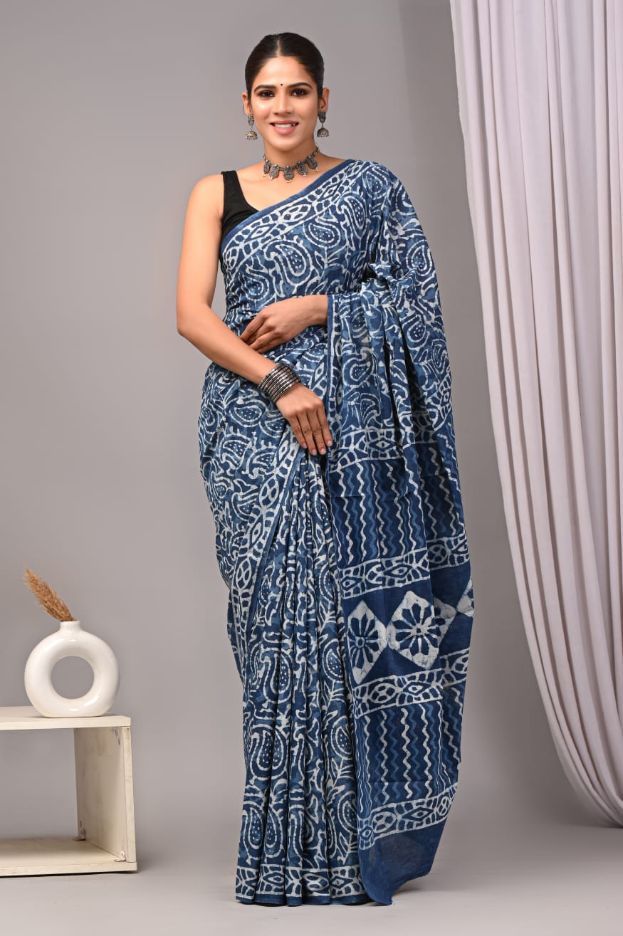 Traditional Authentic Hand Block Printed Pure Organic Cotton Sarees With matching Blouse