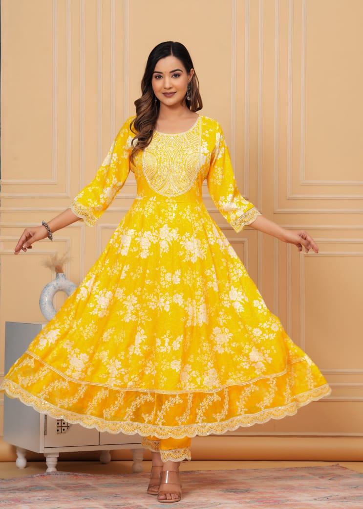 Beautiful ANARKALI KURTA with heavy  embroidery  work  on yoke along with pants with duppata