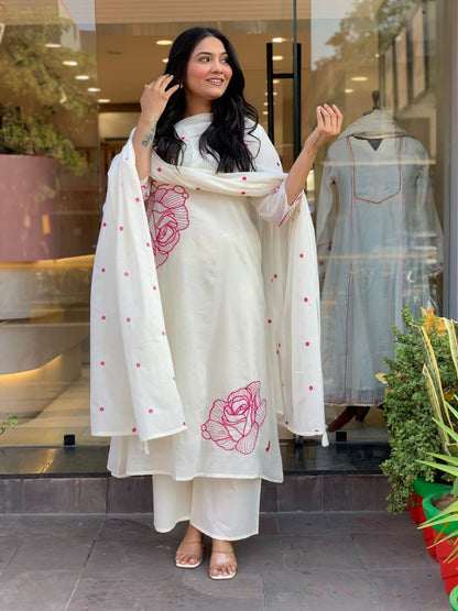 Pure Cotton White Embroidered Kurta Pant Dupatta Set for Women