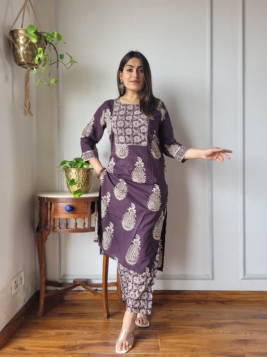 Purple Printed Cotton Kurti Pant Set for Women