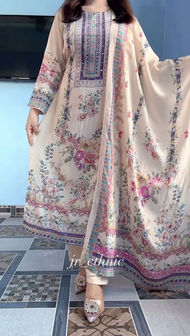 Cream Floral Print Premium Muslin Suit Set | Mirror Work Handwork Neck Festive Wear