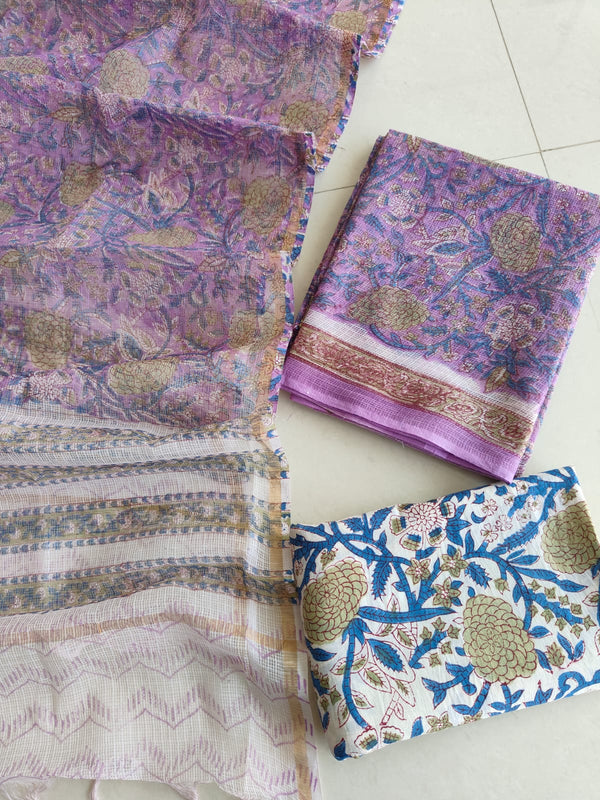 Lilac Purple Floral Hand Block Print Kota Doriya Suit (BFFKO82)