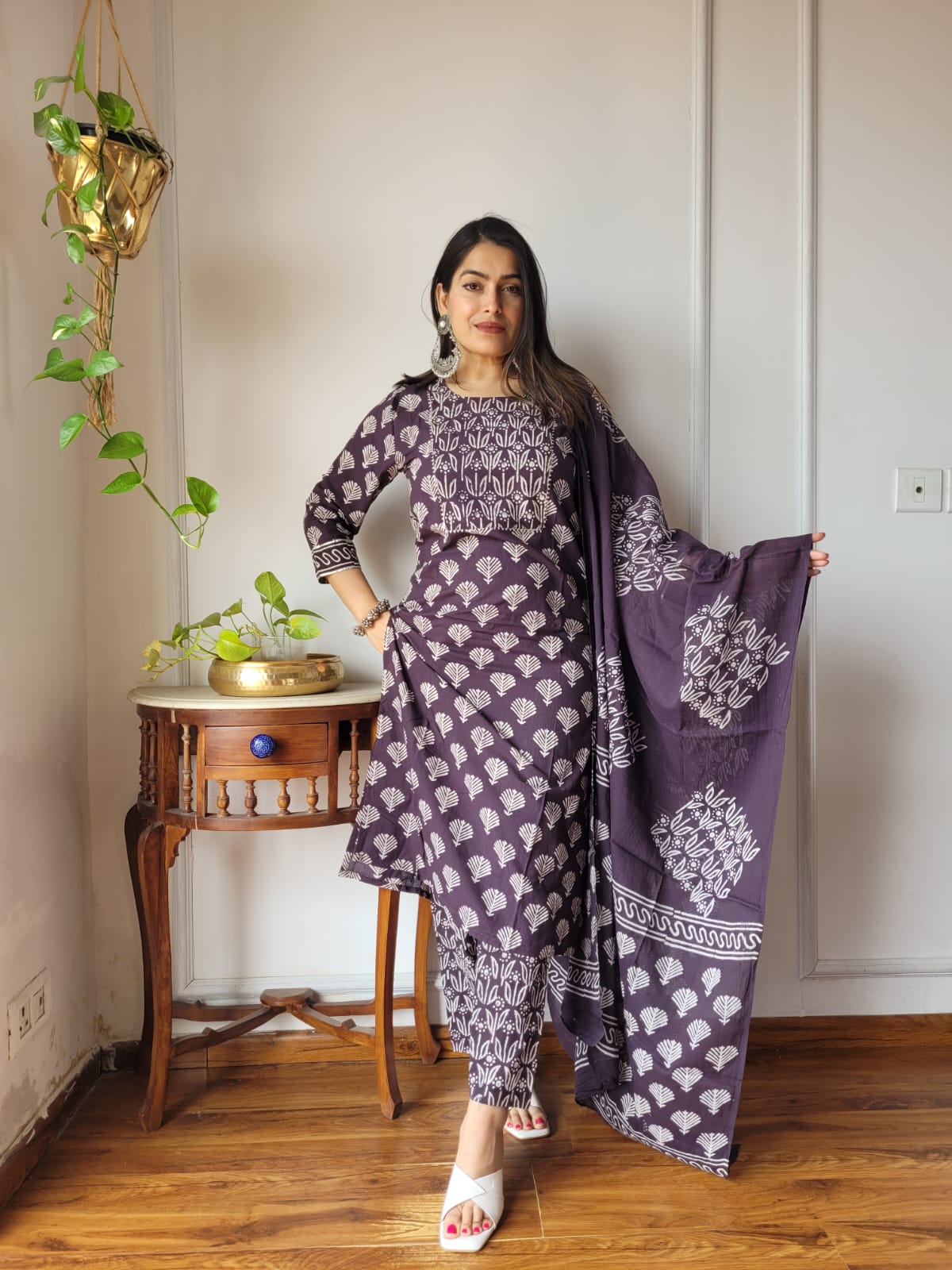 Rust Printed Cotton Suit with Dupatta for Women