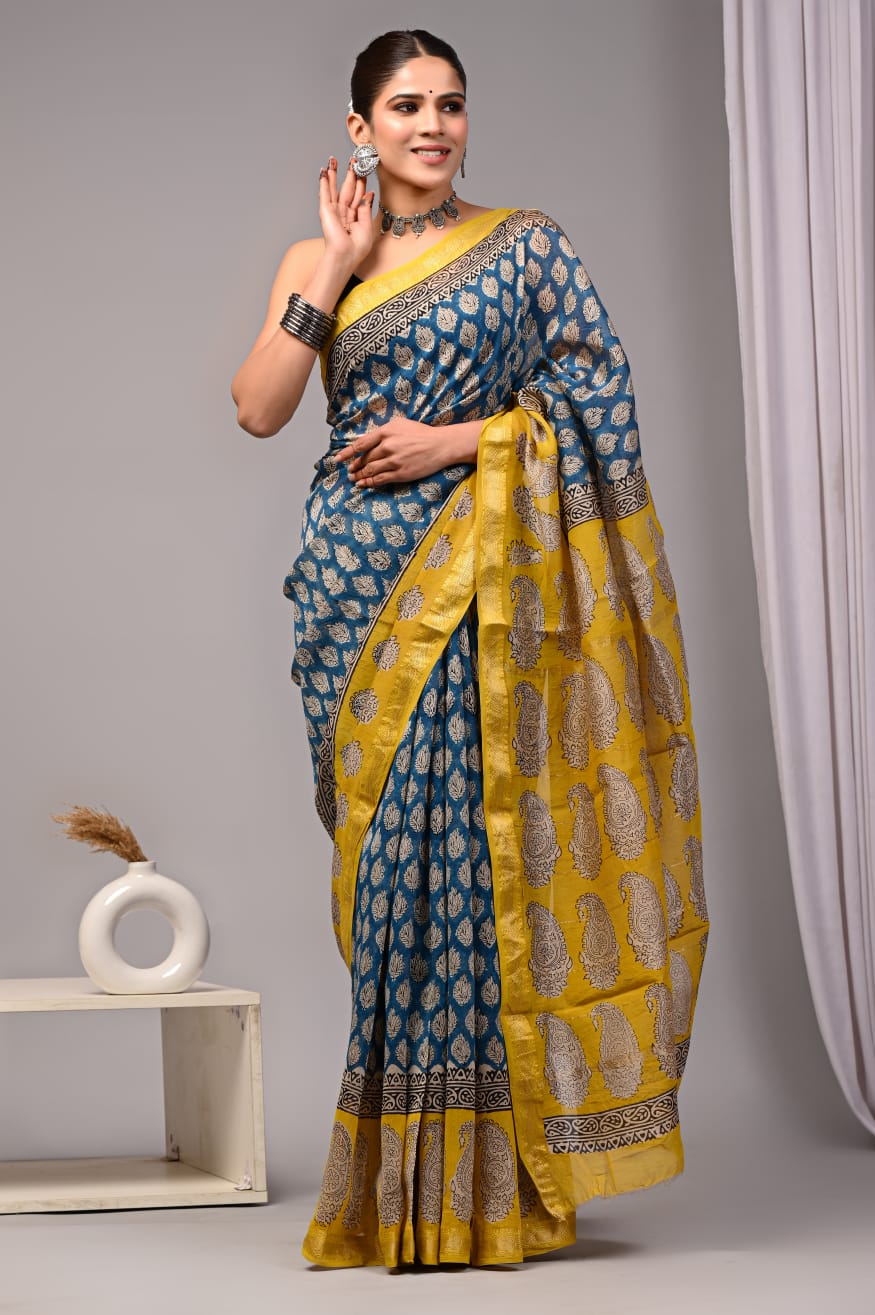 New Designer Hand Block Print Maheshwari Silk Saree (BFMSARE57)