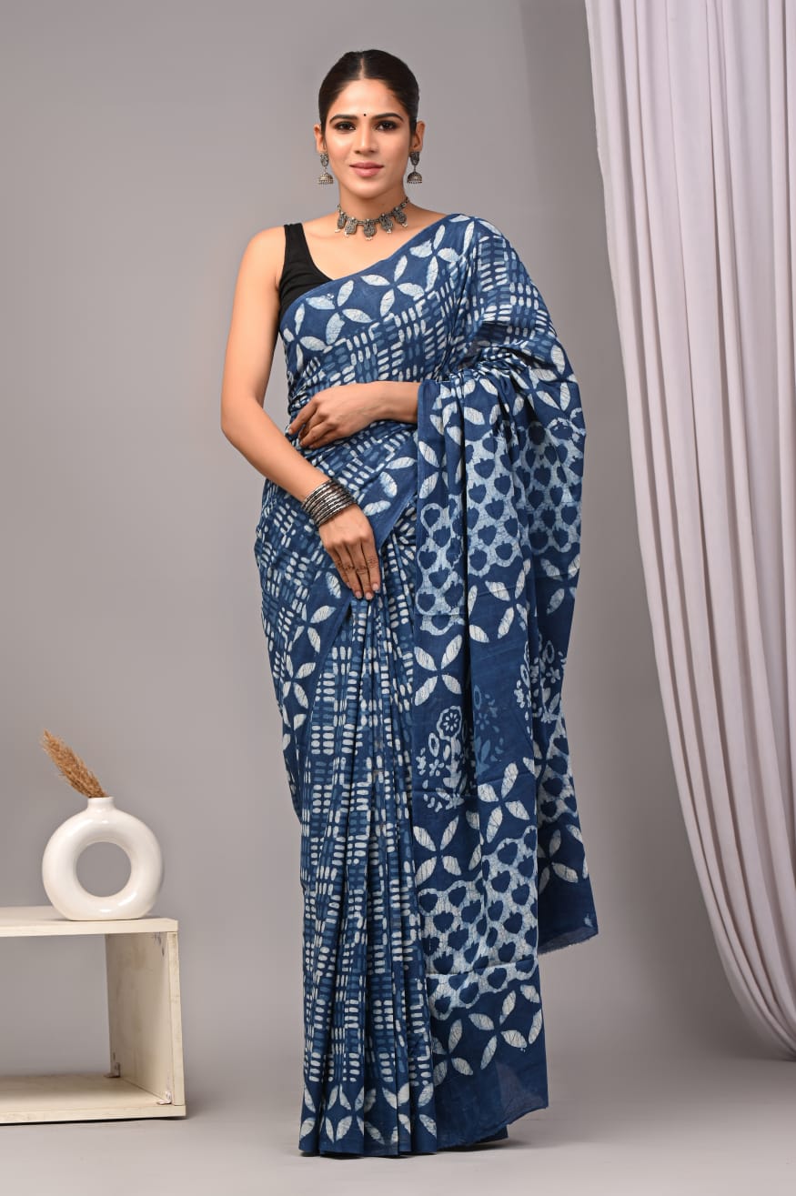 Traditional Authentic Hand Block Printed Pure Organic Cotton Sarees With matching Blouse