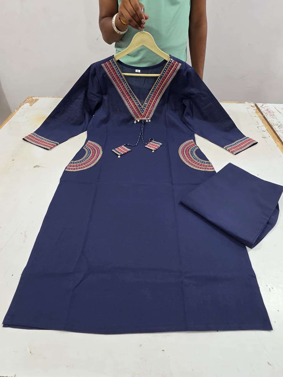 Navy Blue Hand Work Cotton Kurta Pant Set | Ethnic Neck Embroidery
