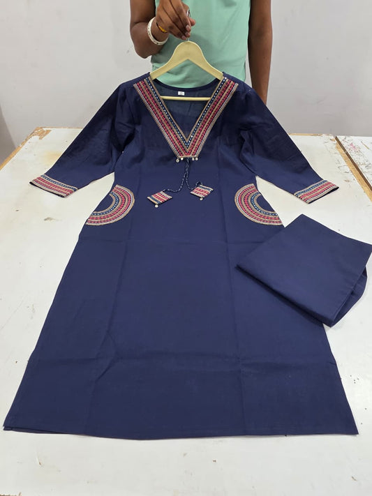 Navy Blue Hand Work Cotton Kurta Pant Set | Ethnic Neck Embroidery