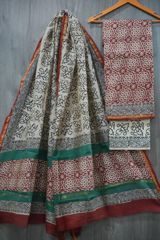 Cream & Maroon Chakri Geometric Hand Block Print Chanderi Silk Dress Material (BFCHS37)