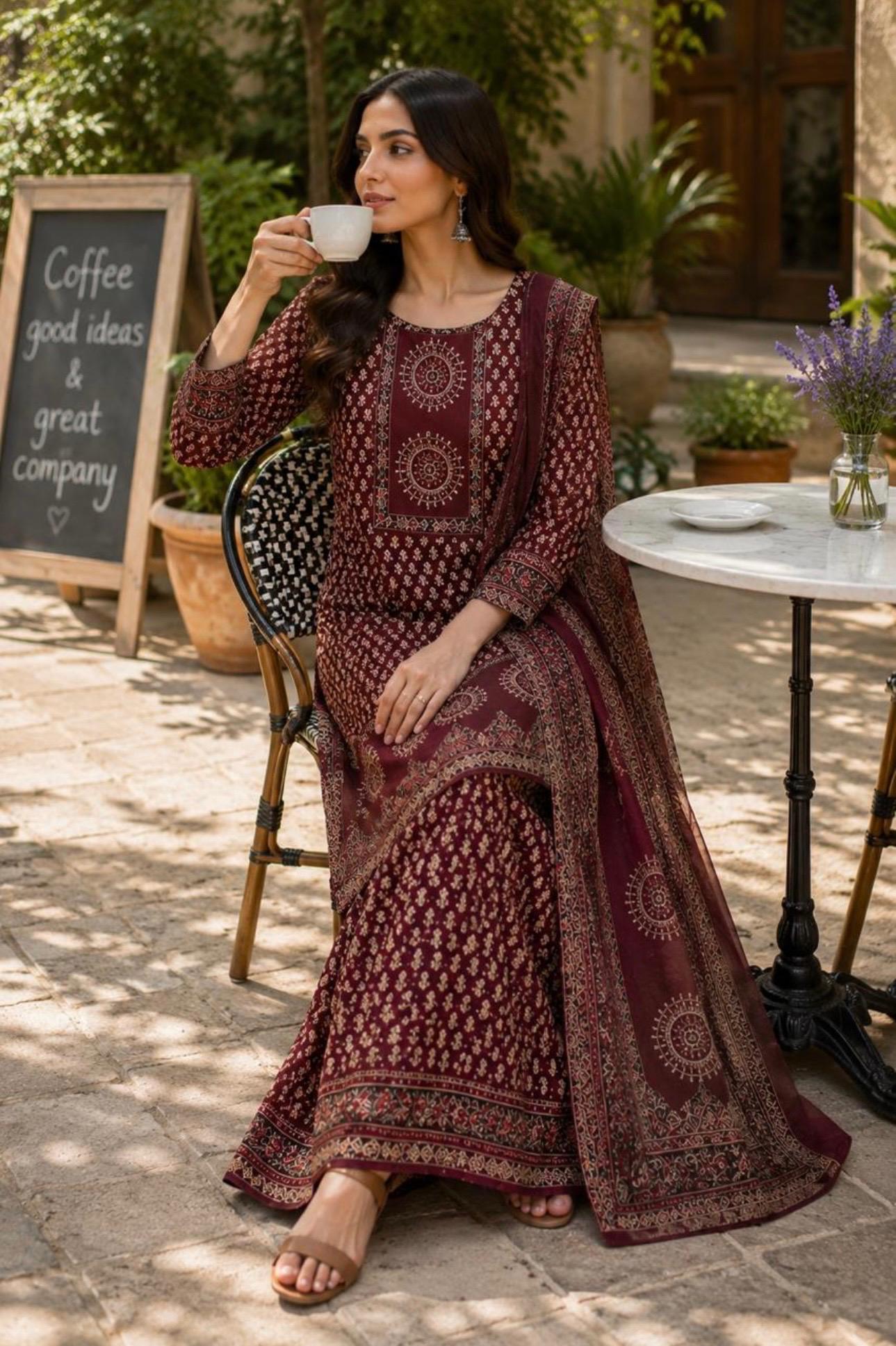 Maroon Cotton Printed Gopi Sharara Set | Ajrakh Print Kurti with Dupatta