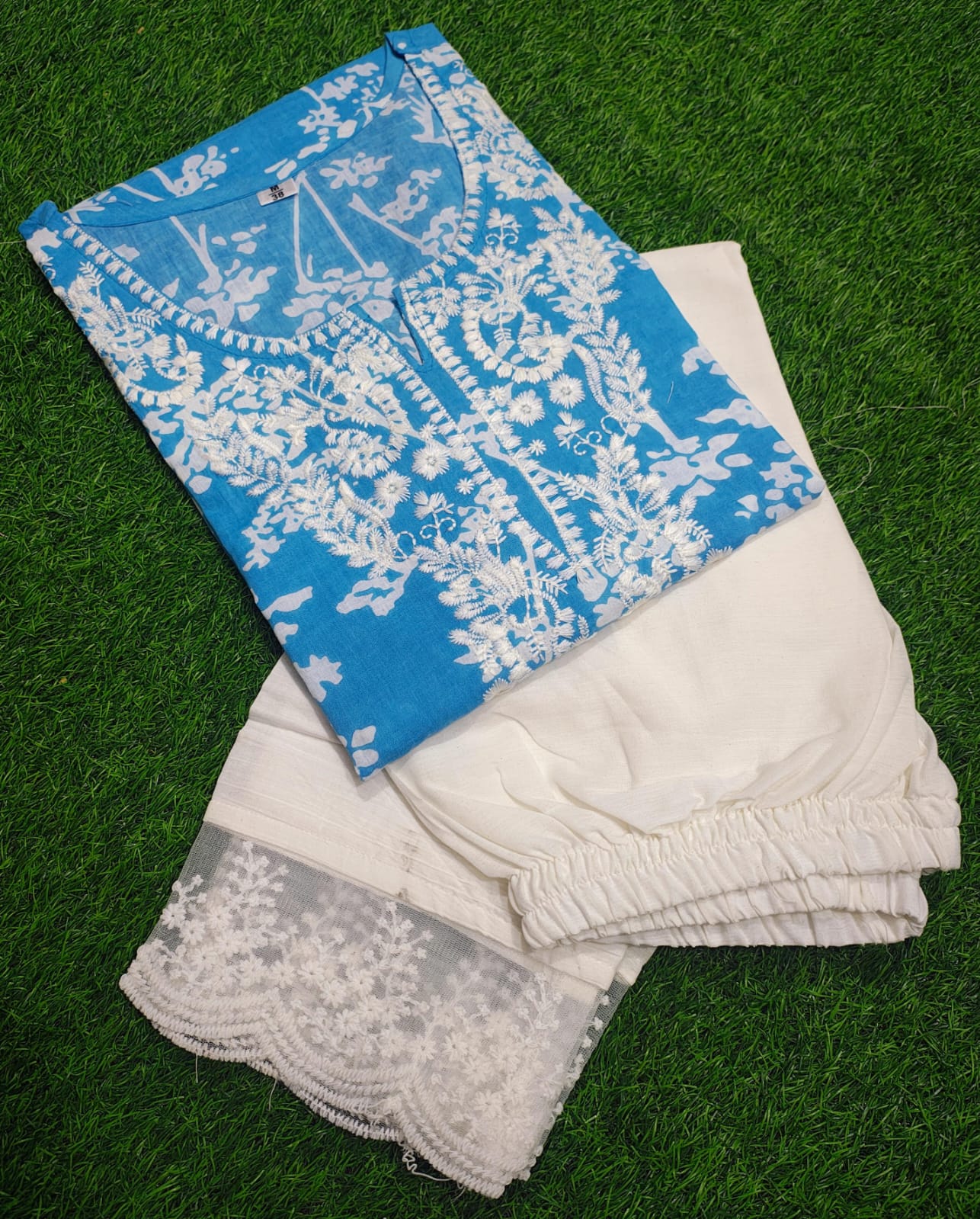 Blue Chikankari Kurti Pant Set | Mulmul Cotton Elegant Ethnic Wear for Women