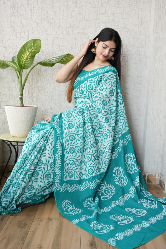 Teal Printed Cotton Saree – Soft Cotton Saree for Women (BSCS39)