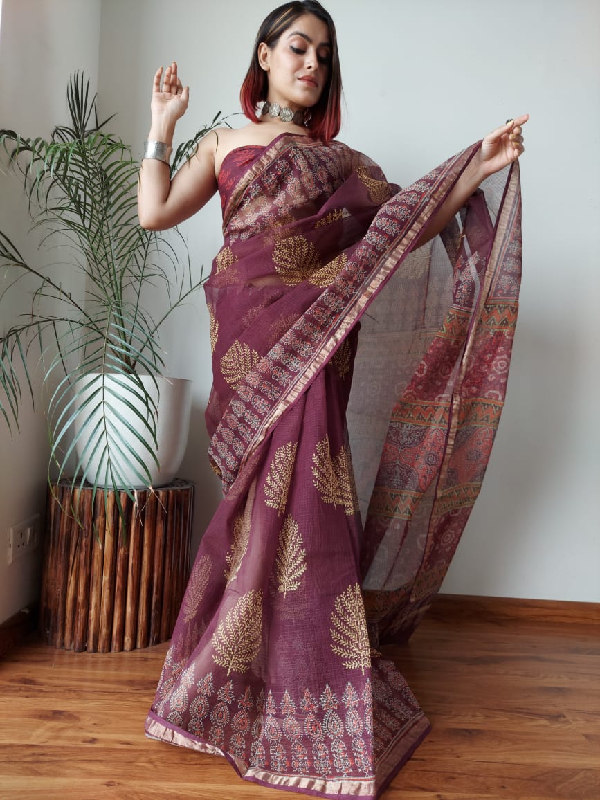 Wine Plum Kota Doriya Saree | Leaf Boota Hand Block Print (BFKS64)