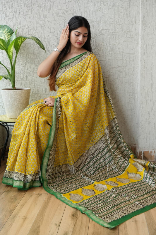 New Designer Hand Block Print Maheshwari Silk Saree (BFMSARE59)