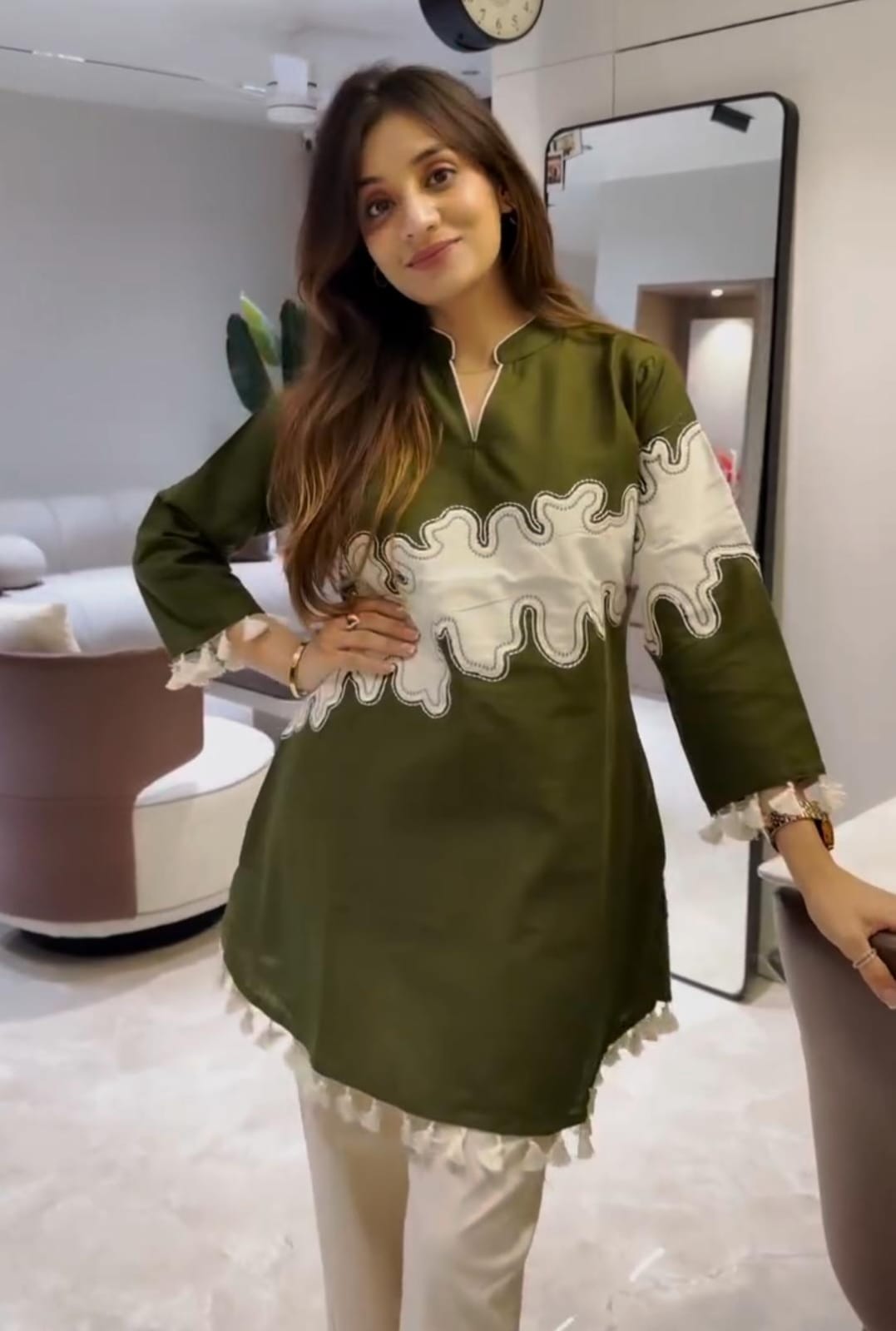Olive Green Cotton Shirt with Embroidered Jute Jacket & Pant Set