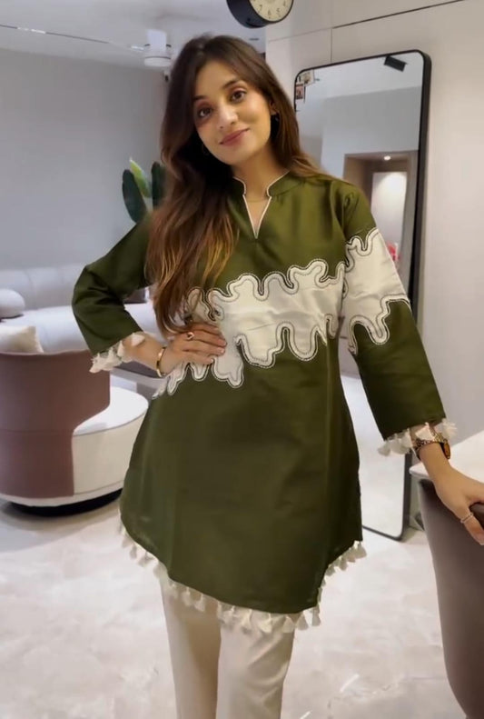 Olive Green Cotton Shirt with Embroidered Jute Jacket & Pant Set