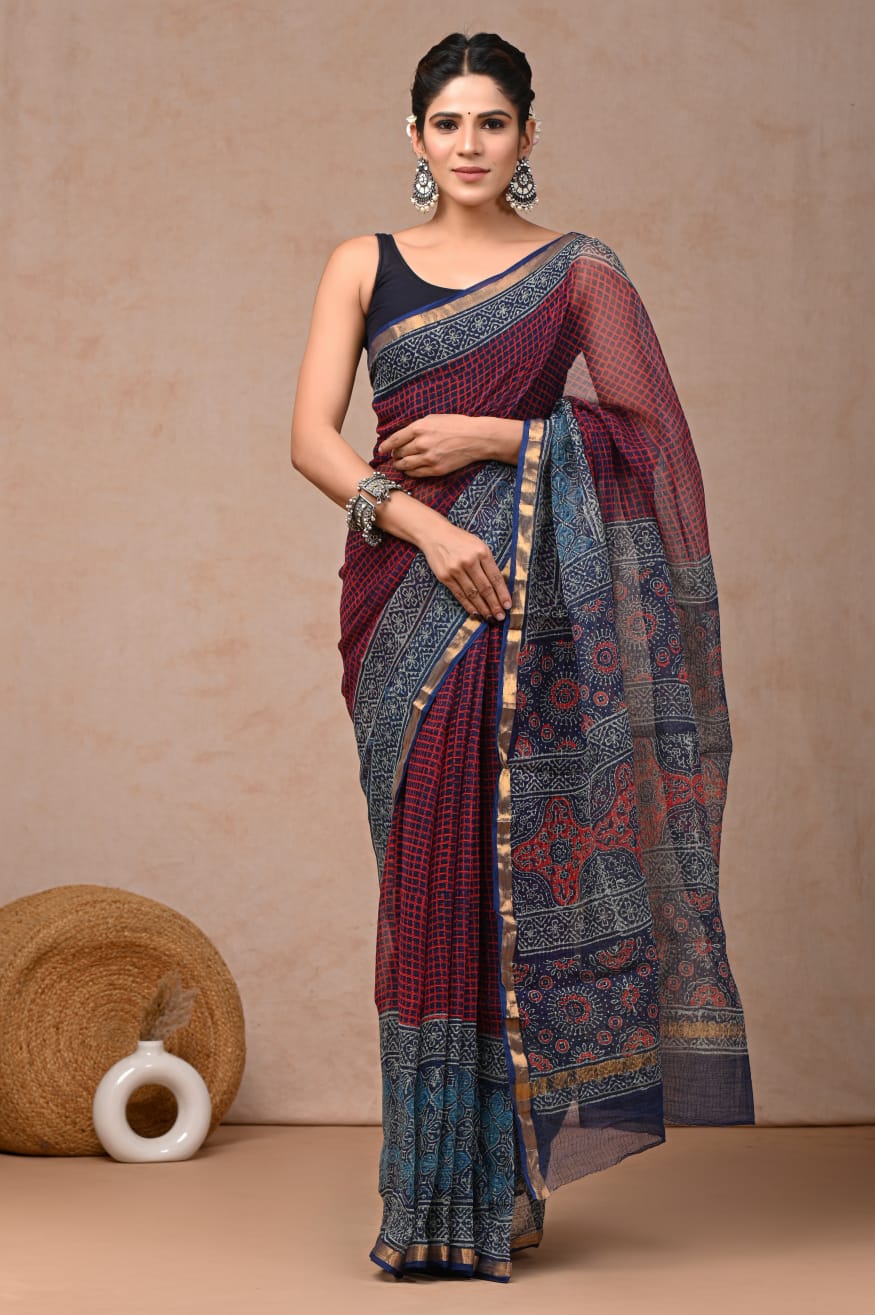 Maroon Red Kota Doriya Saree | Check Jaal Hand Block Print (BFKS66)