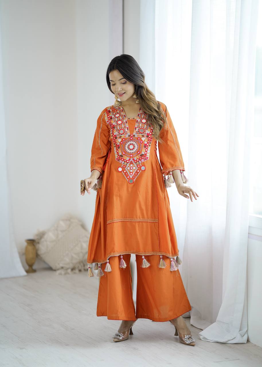 *new  Launching  Beautiful Designer Peplum & Bell Bottom Set On  cotton Fabric With  foil 🪞 mirror work , Tassels & Laces*_