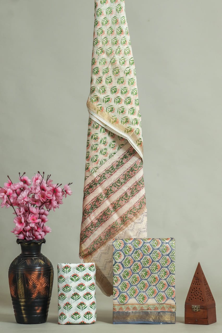 Premium Hand Block Printed Maheshwari Silk Suit(BFMAH52)