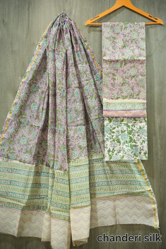 Lilac Purple & Teal Floral Jaal Hand Block Print Chanderi Silk Dress Material  (BFCHS31)