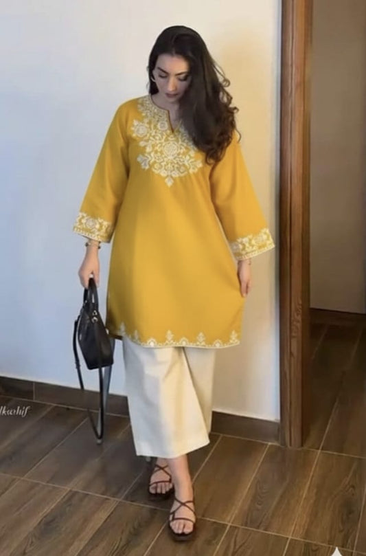 Yellow Cotton Embroidered Co-ord Set | Kurti & Palazzo