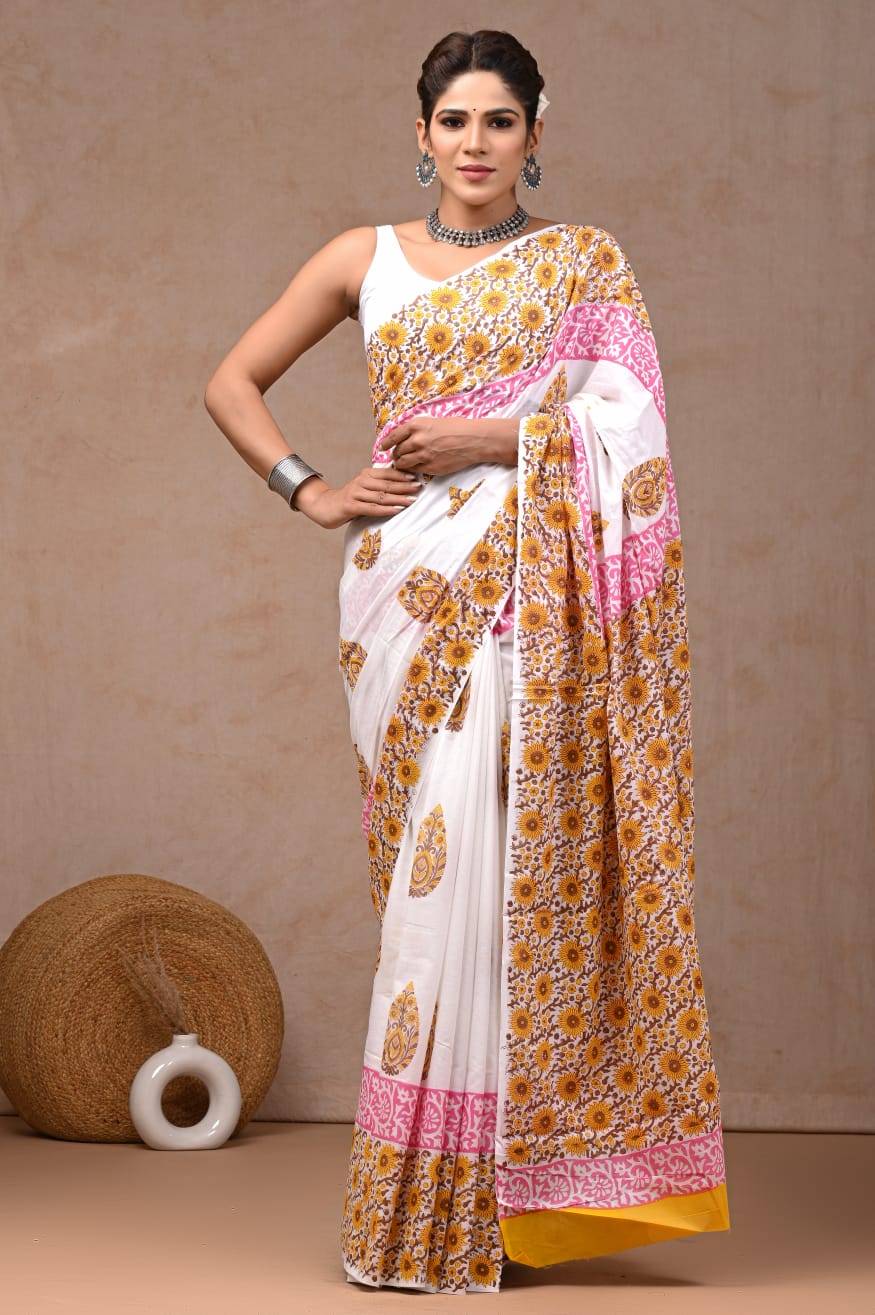 Traditional Authentic Hand Block Printed Pure Organic Cotton Sarees With matching Blouse