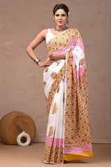 Traditional Authentic Hand Block Printed Pure Organic Cotton Sarees With matching Blouse