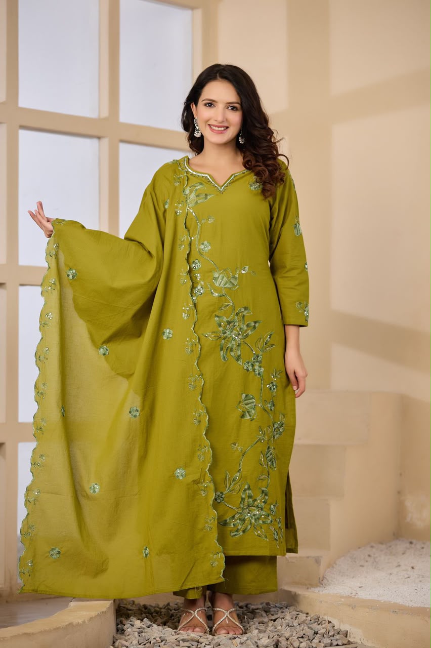 Olive Green Embroidered Cotton Kurta Set with Dupatta | Festive Ethnic Wear