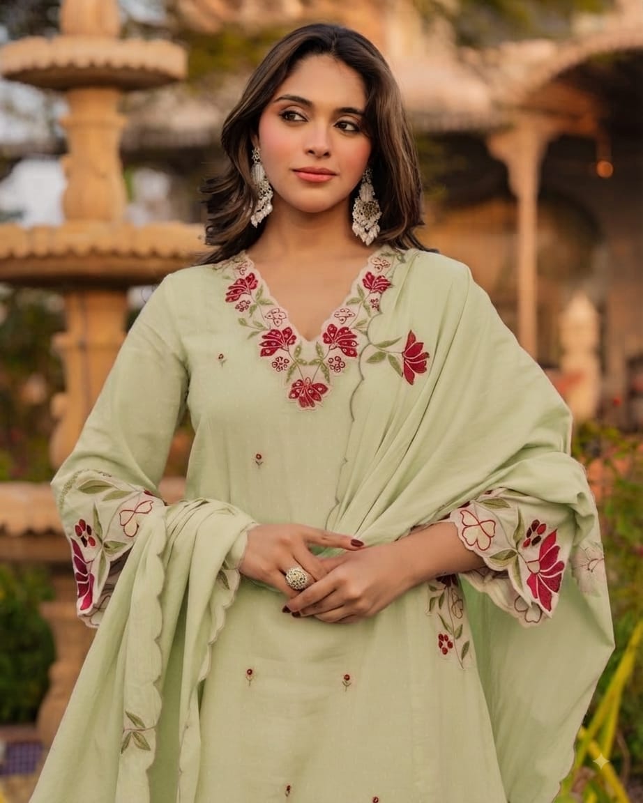 Sage Green Cotton Anarkali Kurta Pant with Embroidered Dupatta | Designer Suit Set