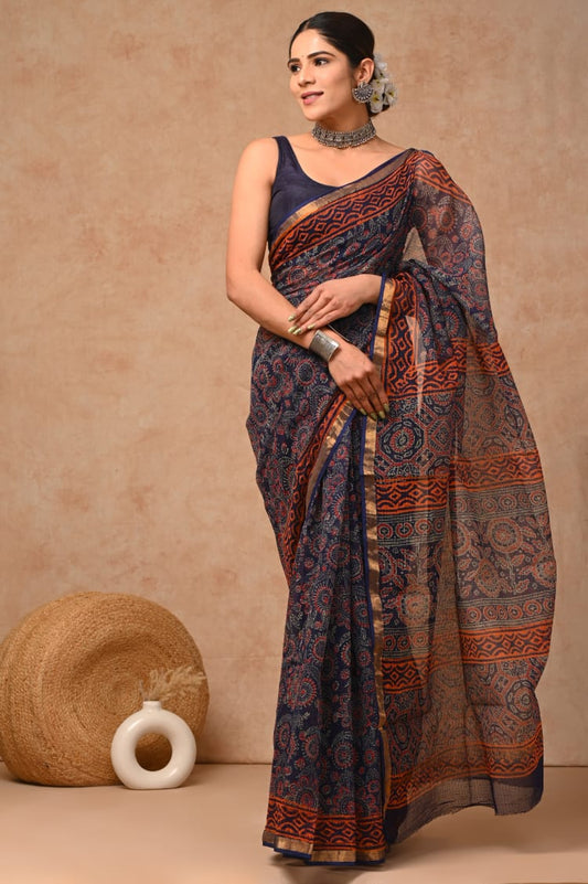 Navy Blue Kota Doriya Saree | Ajrak All-Over Hand Block Print (BFKS65)