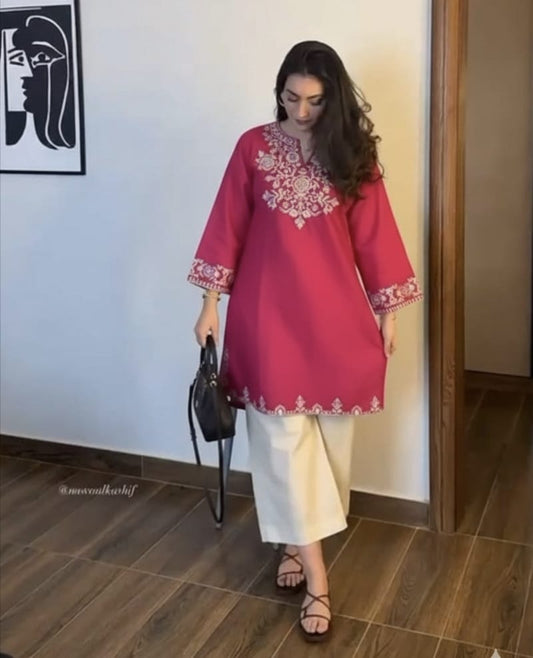 Pink Cotton Embroidered Co-ord Set | Kurti & Palazzo