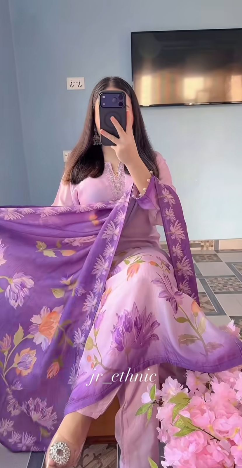 Lavender Floral Print Soft Silk Kurti Palazzo Dupatta Set
