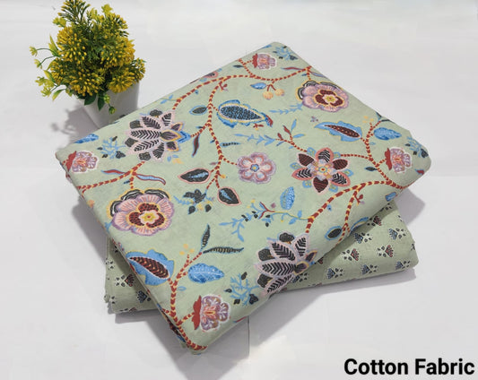 Light Green Floral Printed Top & Bottom Suit Set – Elegant Cotton Suit Material (BFTB42)