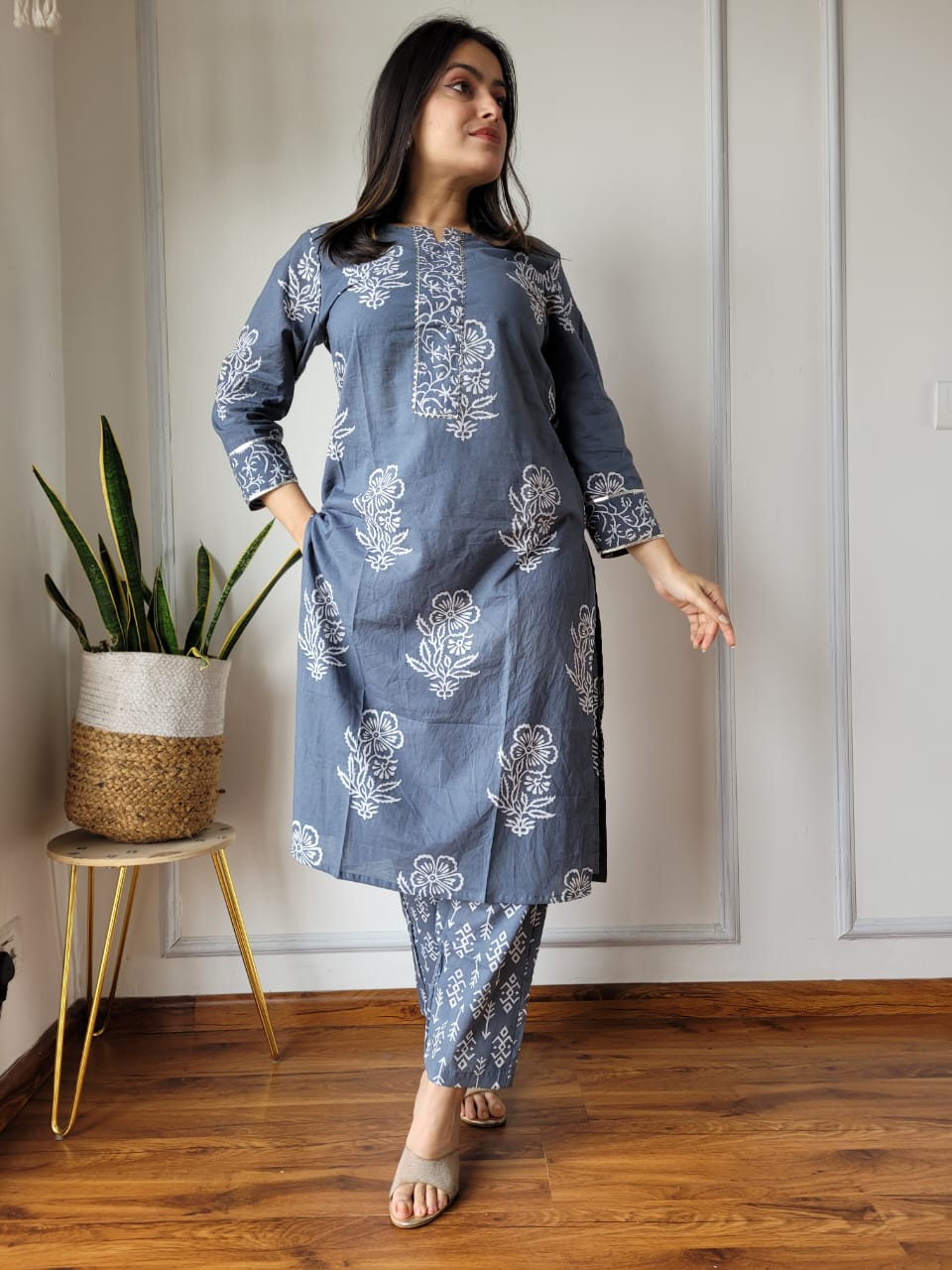 Grey Floral Printed Cotton Kurta Pant Set for Women | Casual Ethnic Wear