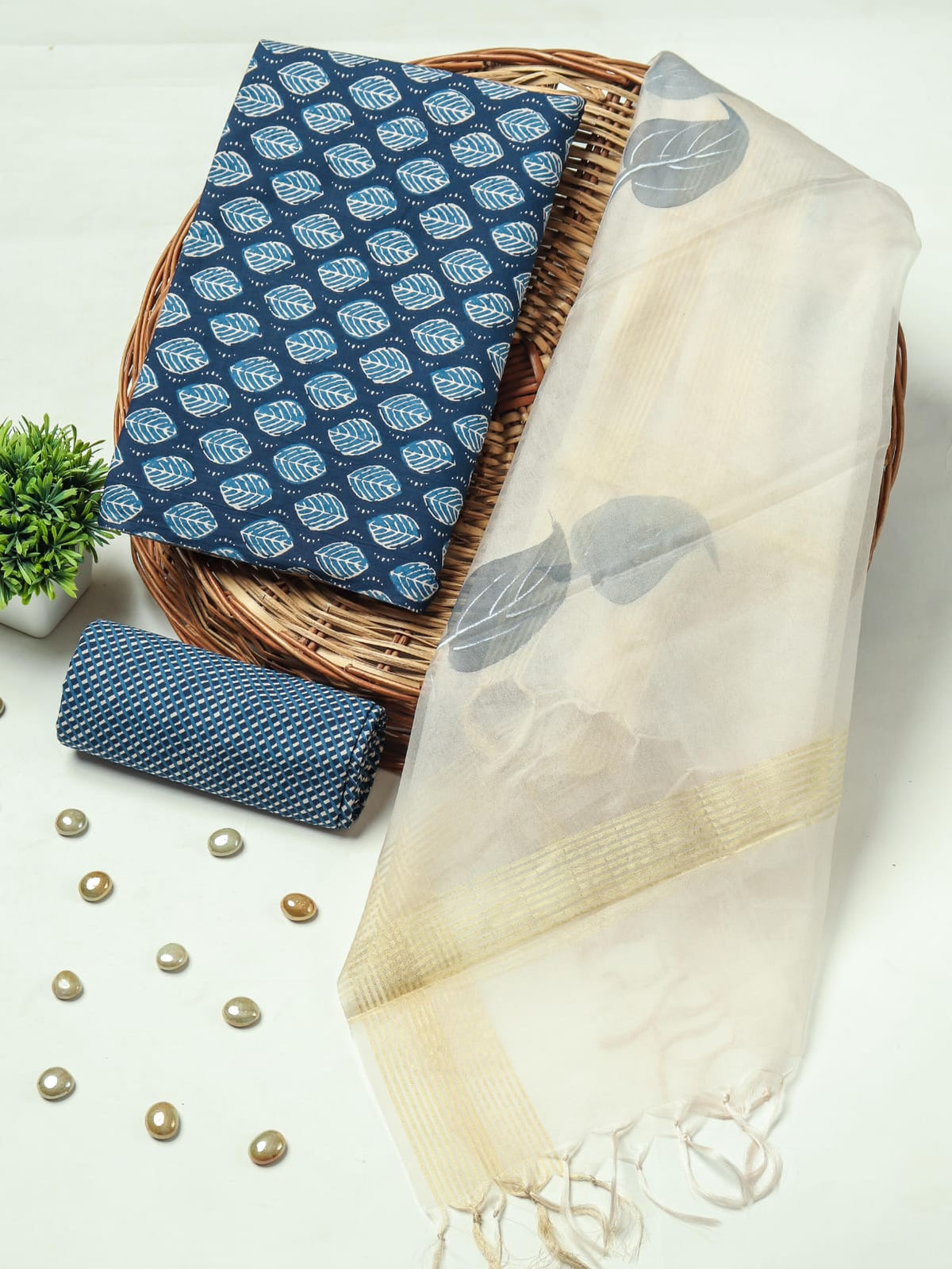 New Floral Hand Block Printed Cotton Suit With Organza Dupatta(BFOR61)