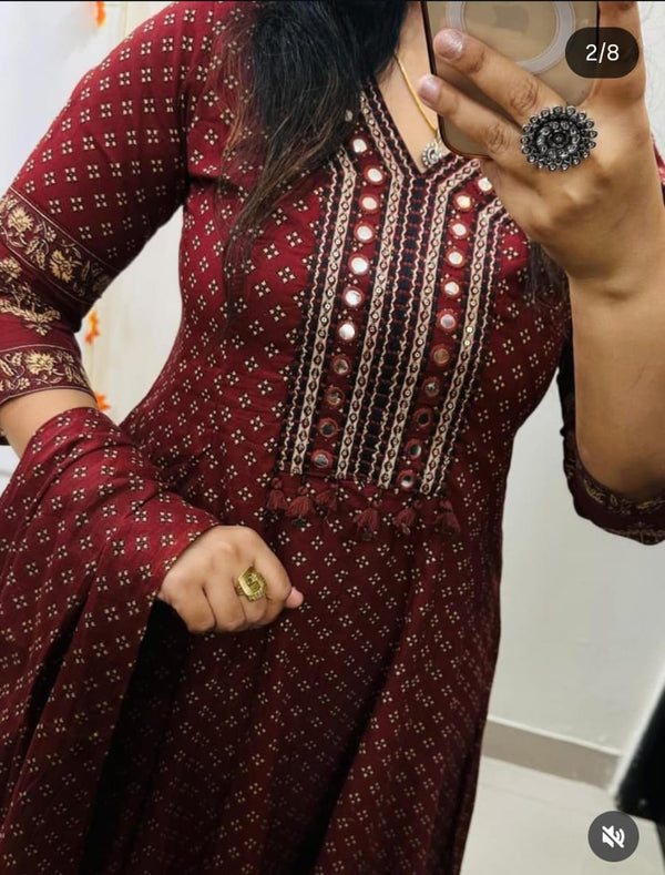 Maroon Heavy Cotton Anarkali Kurti Set | Hand Block Print | Mirror Neck Work