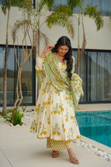 *BEAUTIFUL COTTON PRINTED ANARKALI KURTI WITH BOTTOM 

BEAUTIFUL FRONT BUTTONS AND PUMPUM LACE ON KURTI.

BEAUTIFUL MALMAL PRINTED DUPATTA.
2.25 METER.