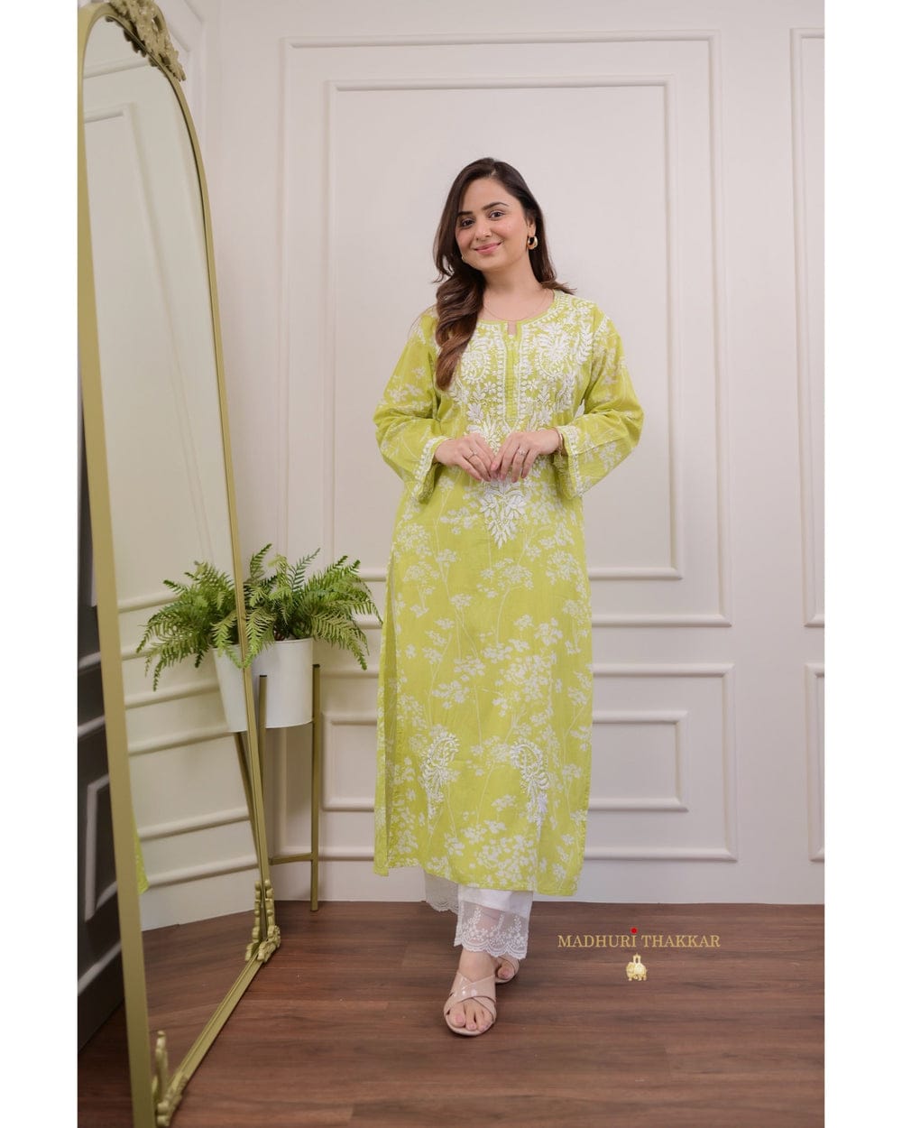 Green Chikankari Cotton Kurti Pant Set | Mulmul Cotton Ethnic Wear for Women